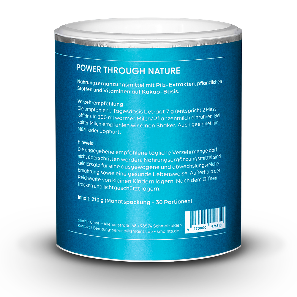 Mushroom Cacao Dose Rückseite mit Nährwerten