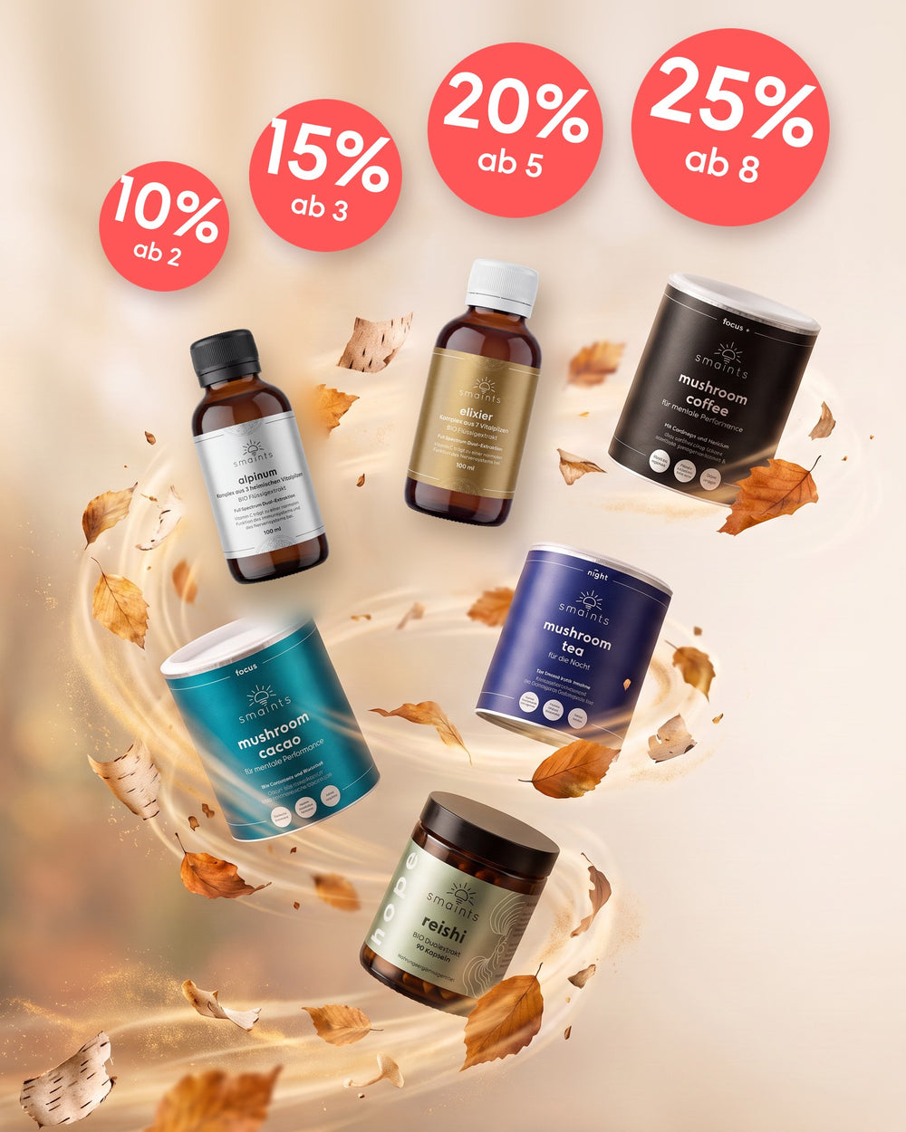 Bundle Builder: alpinum, Elixier, Mushroom Coffee, Cacao, Tea und Reishi – 10 % ab 2, 15 % ab 3, 20 % ab 5, 25 % ab 8 Produkten