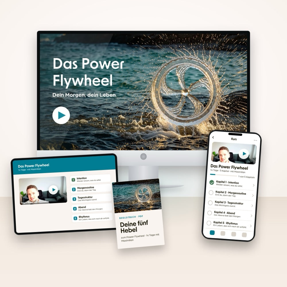 Das Power Flywheel: Videokurs mit Maximilian auf Bildschirm, Tablet und Smartphone, dazu das Begleitbuch „Deine fünf Hebel“